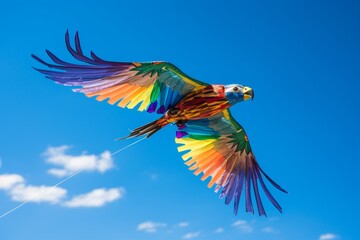 Colorful kite flying in the blue sky, closeup of photo