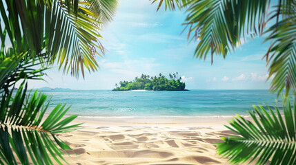 Fototapeta premium Tropical beach with palm trees and island on background