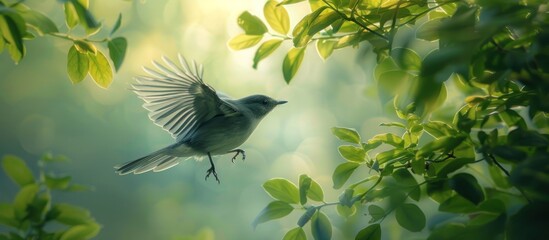 A majestic flycatcher bird gracefully flies through the air, displaying its wide spread wings in motion. - obrazy, fototapety, plakaty