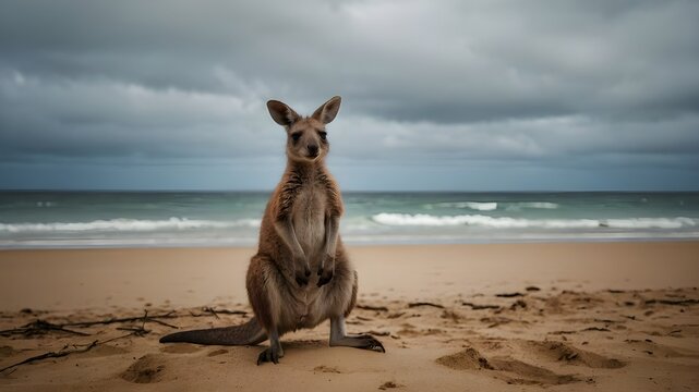 Kangaroo in a beach. a small kangaroo sitting on top of a sandy beach, a stock photo.