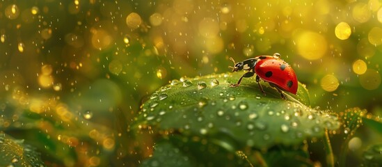 A vibrant red ladybug perched on a fresh green leaf, with raindrops glistening around it.