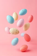 Colorful eggs floating on a pastel pink background. Abstract minimal Easter concept.	