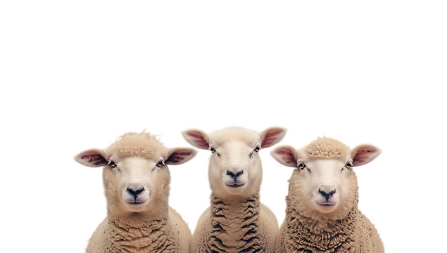 Three sheep standing side by side on a blue background, a panoramic photo of three sheep looking at the camera