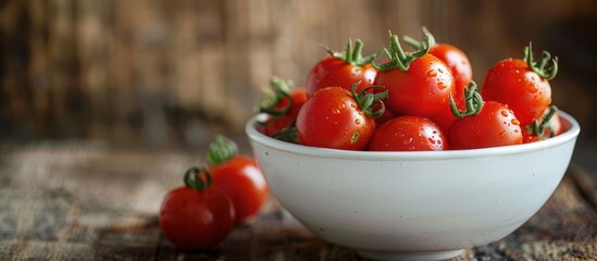 A white bowl filled with a plethora of ripe and vibrant red tomatoes, showcasing freshness and abundance. - Powered by Adobe