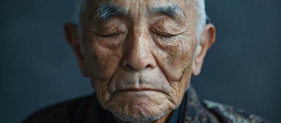 An Asian elderly male with male pattern hair loss, looking down with a melancholic expression on his face.