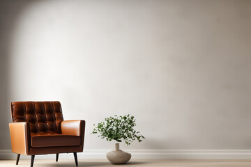 Living room. Living room with leather armchair on empty wall background. Interior of modern living room with black leather armchair and lamp. Modern living room with sofa and coffee table.