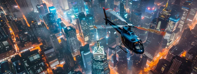 Fototapeten high-angle shot of a helicopter exploring the sprawling city landscape from above. © Pink Badger