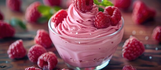 A bowl filled with creamy raspberry mousse topped with fresh raspberries scattered around it on a...