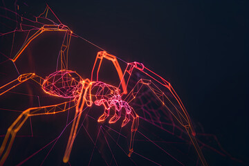 Sinister spider crawling in dimly lit corner with neon wireframes isolated on black background.