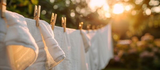 A straight line of white towels neatly hung on a clothesline outdoors.