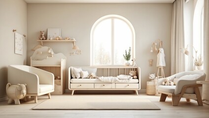 A minimally decorated nursery with cream-colored walls and furniture. There is a large window, a cream-colored rug on the floor, and a few toys scattered around.

 - obrazy, fototapety, plakaty
