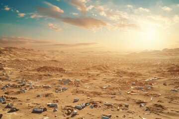 An expansive desert, with dunes partly composed of non-biodegradable waste, under the harsh light of a setting sun, 3D illustration - obrazy, fototapety, plakaty
