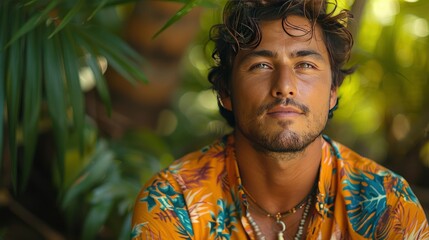 An image of a man in a bold, artistic print shirt, his style expressive and vivid, against a backdrop of lush greenery 