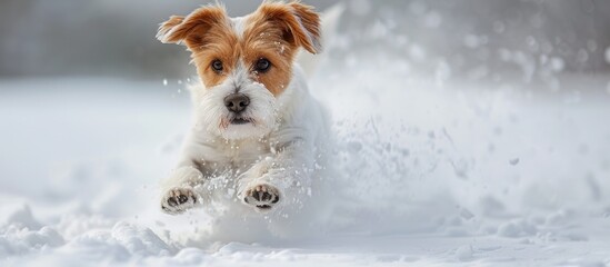 Small brown and white dog happily running through the snow on a winter day.