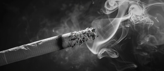 A lit cigarette emitting smoke in a black and white setting. - obrazy, fototapety, plakaty