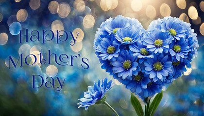 card or banner to wish a happy Mother's Day in blue with next to it a heart made of blue flowers on a green and blue background with circles in bokeh effect