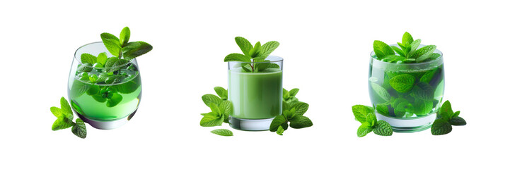 Set of Fresh Mint leaf juice in a beautiful white glass, illustration, isolated over on transparent white background