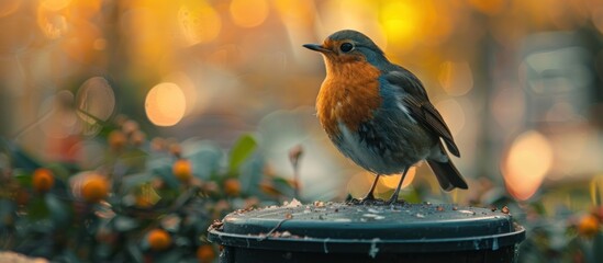 A small bird stands on a trash can, searching for food or shelter in an urban environment.