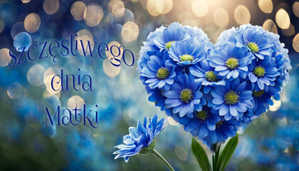 kartka lub baner z życzeniami szczęśliwego Dnia Matki w kolorze niebieskim z sercem wykonanym z niebieskich kwiatów na zielono-niebieskim tle z kółkami z efektem bokeh