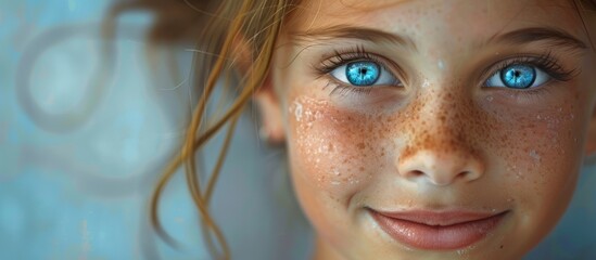 Close-up of a young girl with striking blue eyes. - obrazy, fototapety, plakaty