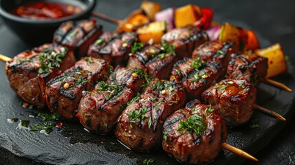 Kebab - delicious grilled meat and barbecue vegetables - obrazy, fototapety, plakaty