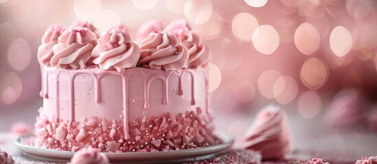 A close-up view of a delicious pink cake with frosting on a table.