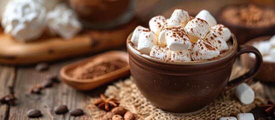 Fototapeta na wymiar A ceramic cup filled with rich hot chocolate topped with fluffy marshmallows, creating a cozy and comforting beverage.