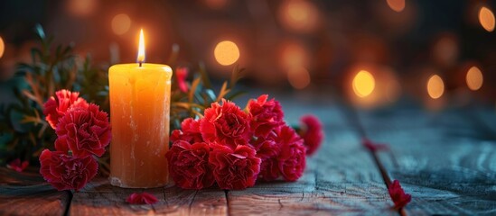 A candle burning brightly next to a cluster of vibrant red flowers on a table.