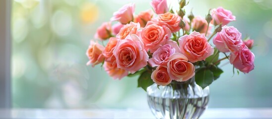 A vase filled with pink roses sitting on top of a table, adding a touch of elegance and beauty to the room.