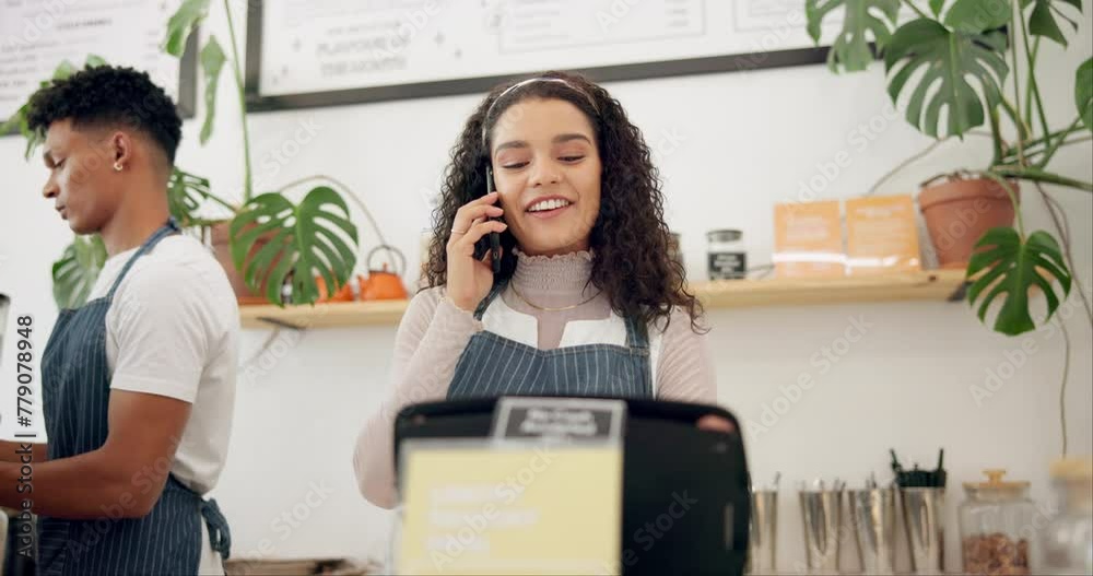 Sticker Woman, cafe and barista with phone call order for ecommerce, takeaway and communication at counter. Person, small business and waiter with technology for discussion, service and digital sale