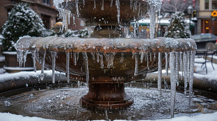 A frozen fountain with icicles hanging from its edges in a city square.