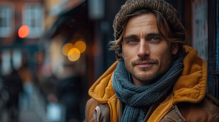 An image of a man in a casual yet stylish ensemble, leaning against an urban backdrop, his expression relaxed and confident 