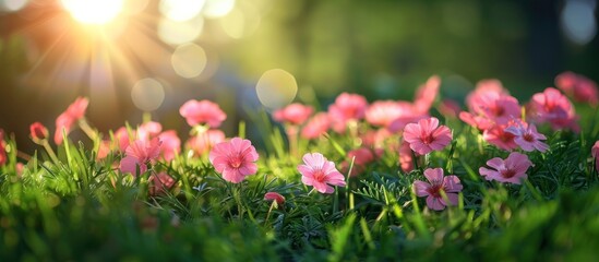 Bright pink flowers bloom in a field under the radiant sun. - obrazy, fototapety, plakaty