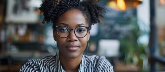 A woman wearing glasses and a striped shirt sits comfortably, looking focused. - Powered by Adobe