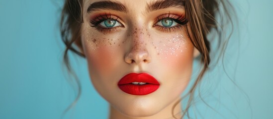 A woman with red lipstick and freckles on her face, showcasing a bold and alluring look.