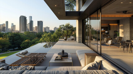 A contemporary home with a rooftop lounge area overlooking a city park.