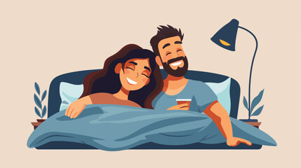 Young happy couple in bed 2d flat cartoon vactor il - obrazy, fototapety, plakaty