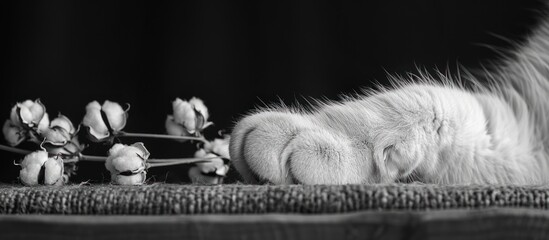 A black and white image of a cats paw delicately touching flowers.