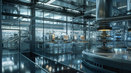 A state-of-the-art biotech manufacturing facility with specialized equipment and quality control stations
