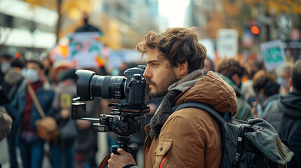 Photojournalist documenting demonstrations in the city - obrazy, fototapety, plakaty