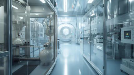 A state-of-the-art biotech manufacturing facility with specialized equipment and quality control stations