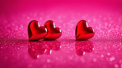 Obraz premium heart shaped Two red hearts on a pink glitter background. The hearts are bright and have some reflections 