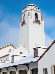 Closeup of the bell tower of the Boise train depot in winter