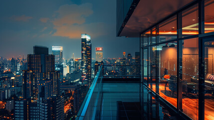 A lavish penthouse with a balcony overlooking the nighttime skyline of the city.