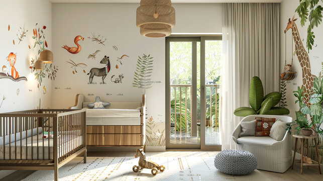 A contemporary nursery featuring an animal and nature theme wall decal, a changing table, and a crib.