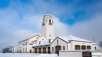 Beautiful train depot in Boise Idaho winter with fresh snow