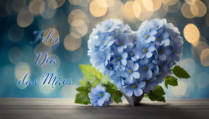 cartão ou banner para desejar um feliz Dia das Mães em azul com ao lado um coração feito de flores azuis e folhagens verdes em um fundo azul gradiente com círculos em efeito bokeh
