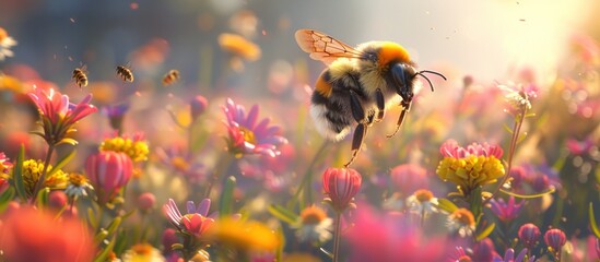 a bumblebee in flight above a colorful field of blooming flowers, collecting nectar and pollinating the blossoms. - obrazy, fototapety, plakaty