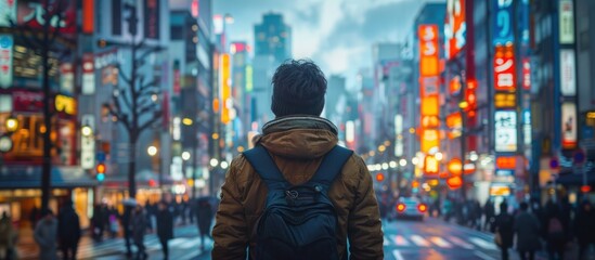 Obraz premium A man with a backpack is walking down a busy city street filled with pedestrians and vehicles.