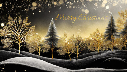 card or banner to wish a Merry Christmas in gold represented by a black and white hill and gold and black fir trees on a black and gold background with gold circles in bokeh effect